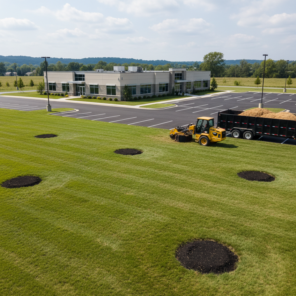 A spacious Northeast Ohio commercial property with a wide, neatly cleared grassy area where multiple large stumps have been fully removed, leaving uniformly level, mulched circles ready for landscaping. In the middle distance, a modern stump grinding machine is parked beside a trailer loaded with wood chips, positioned near a paved parking lot with lined spaces and a low office building in neutral tones. Bright but slightly diffused midday sunlight creates a clear, crisp scene with defined shadows under the equipment. Photographic realism, captured in a wide-angle composition that emphasizes the scale of the cleared area and the organized, professional nature of the stump removal project.