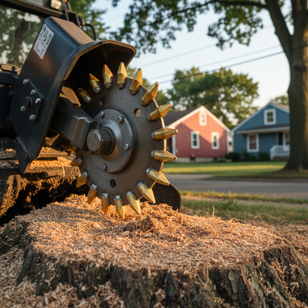 A close-up, detailed view of a heavy-duty stump grinder’s cutting wheel, its rugged steel housing freshly cleaned, with sharp, golden carbide teeth catching the light as they rest above a partially ground stump. Fine sawdust and small wood chips surround the stump, contrasting with the dark, moist soil beneath. The background shows a softly blurred hint of a Northeast Ohio neighborhood with clapboard siding and mature trees. Warm, low-angle late-afternoon sunlight rakes across the metal surfaces, creating subtle highlights and shadows that emphasize durability and precision. Photographic realism, shot from a low, tight angle with shallow depth of field, communicating power, craftsmanship, and attention to detail in stump grinding equipment.